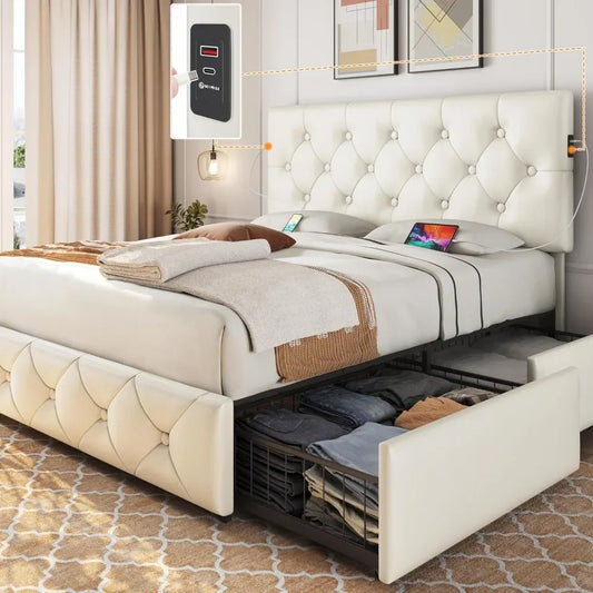 Queen Size Upholstered Bed Frame with 2 USB Charging Stations/Ports for Type A & Type C Also 4 Storage Black Bed Bases