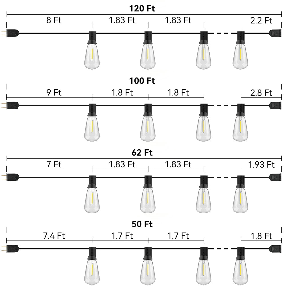 ST38 LED String Light 50FT 100FT IP65 Festoon Outdoor Light Garden