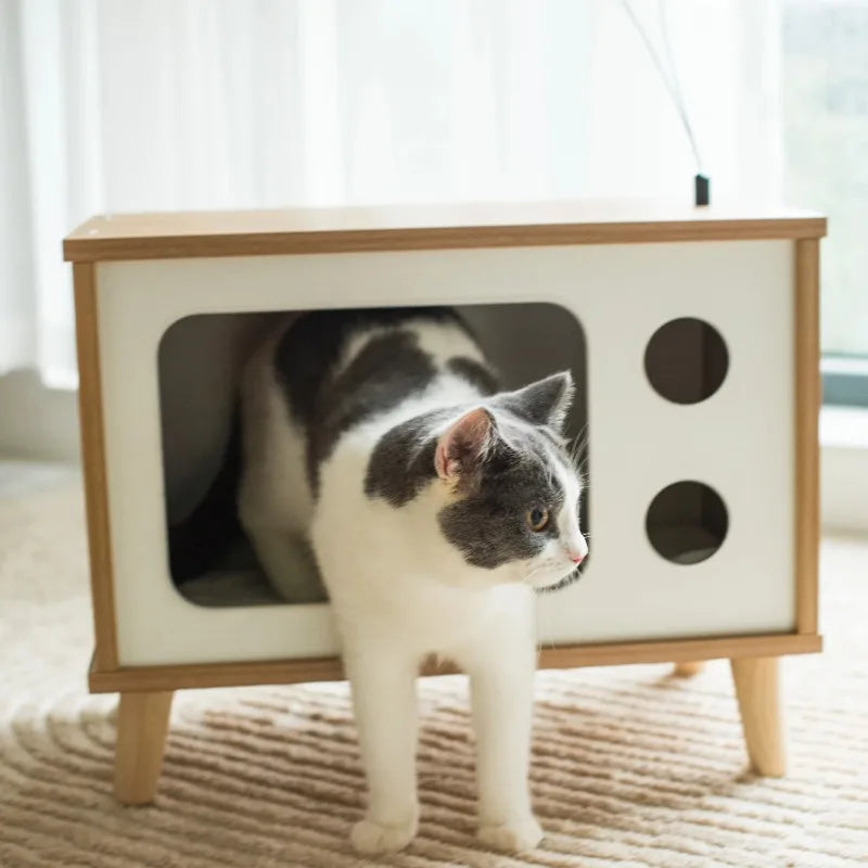 Retro TV Cat bed with Scratching Pad & Washable Mat