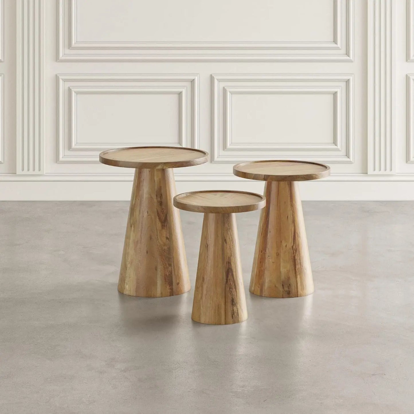 Mid-Century Modern Solid Hardwood Pedestal Round Accent End Nesting Tables - Set of 3, Natural