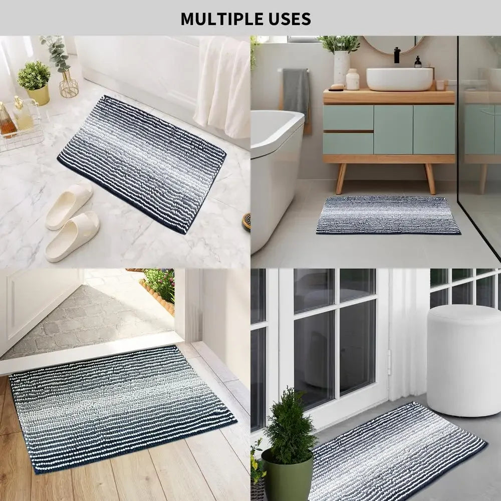 Striped Chenille Bath Rug Soft Absorbent Anti-Slip Mat Washable Blue 16x24