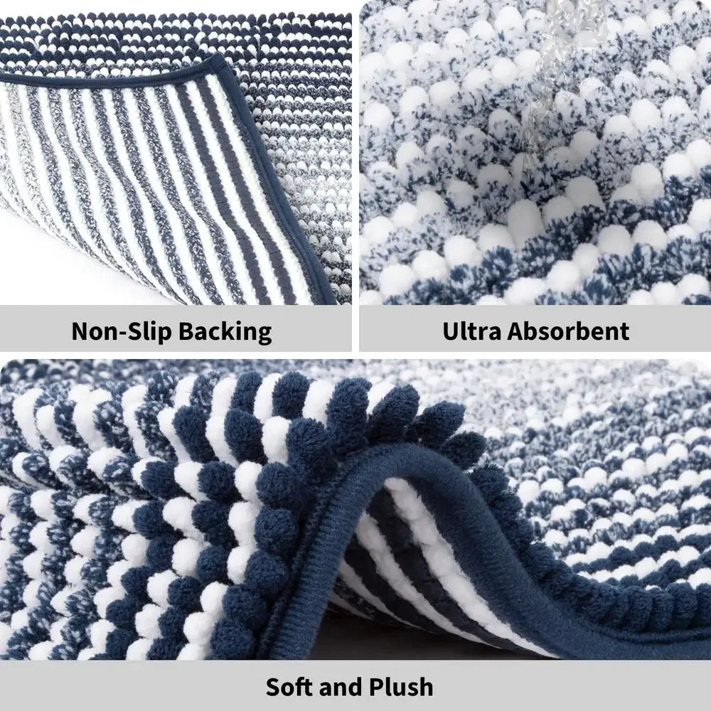 Striped Chenille Bath Rug Soft Absorbent Anti-Slip Mat Washable Blue 16x24