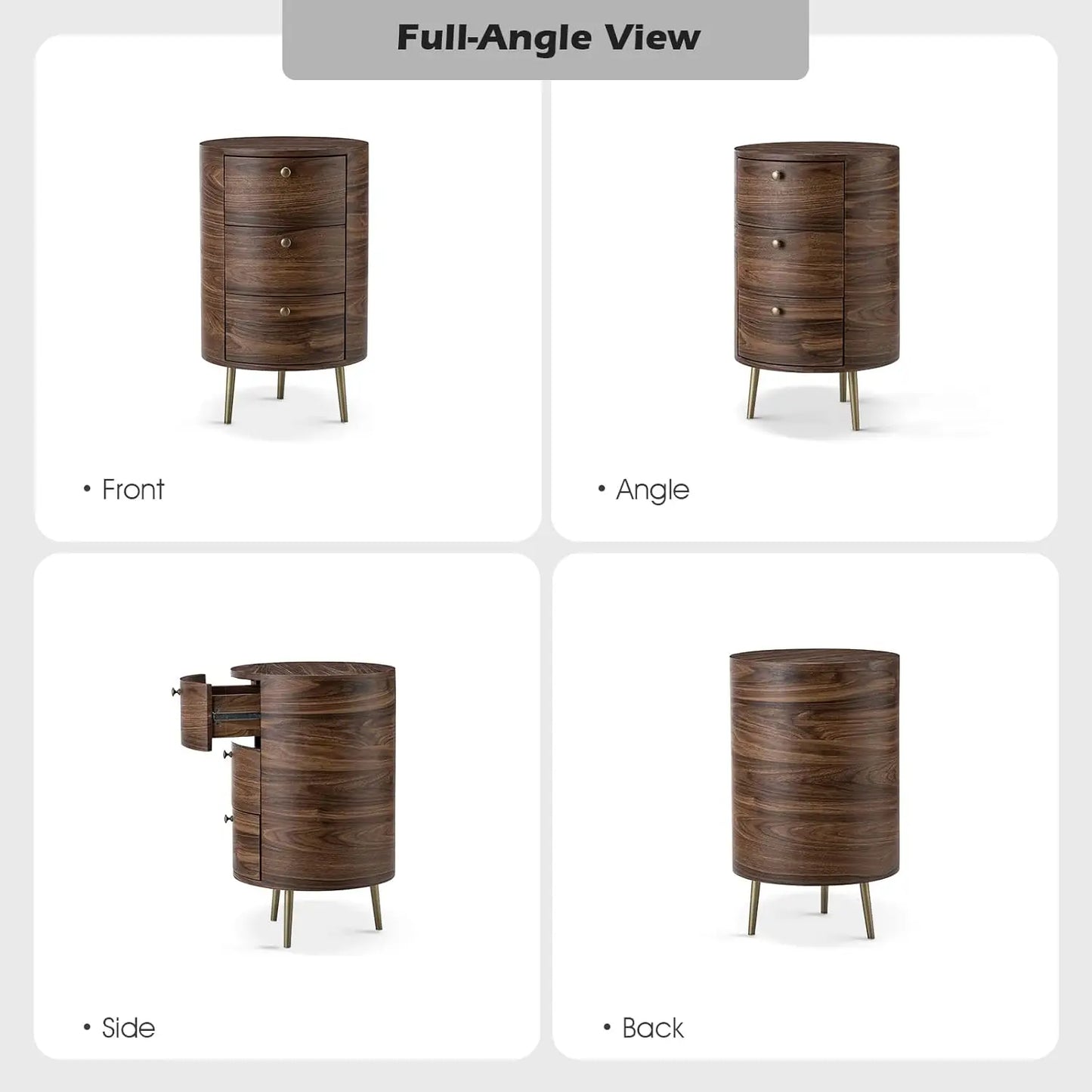 Round End Table with 3 Storage Drawers, Mid Century Modern Small Side Table with Metal Legs