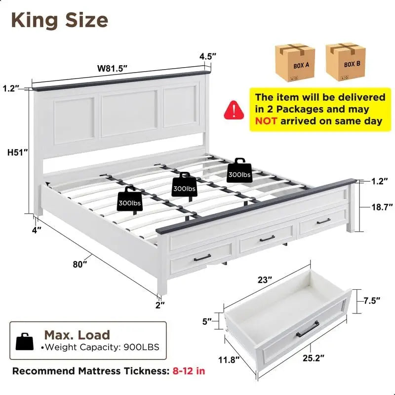 Farmhouse Queen Size Bed Frame with 52" Tall Full-Panel Headboard, Wood Platform Bedframe with Footboard and Storage Drawers