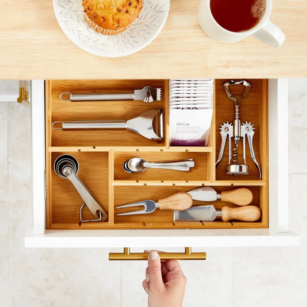 Bamboo Drawer Organizer with 8 Adjustable Dividers for Kitchen Utensil (14 x 10 x 2 In)