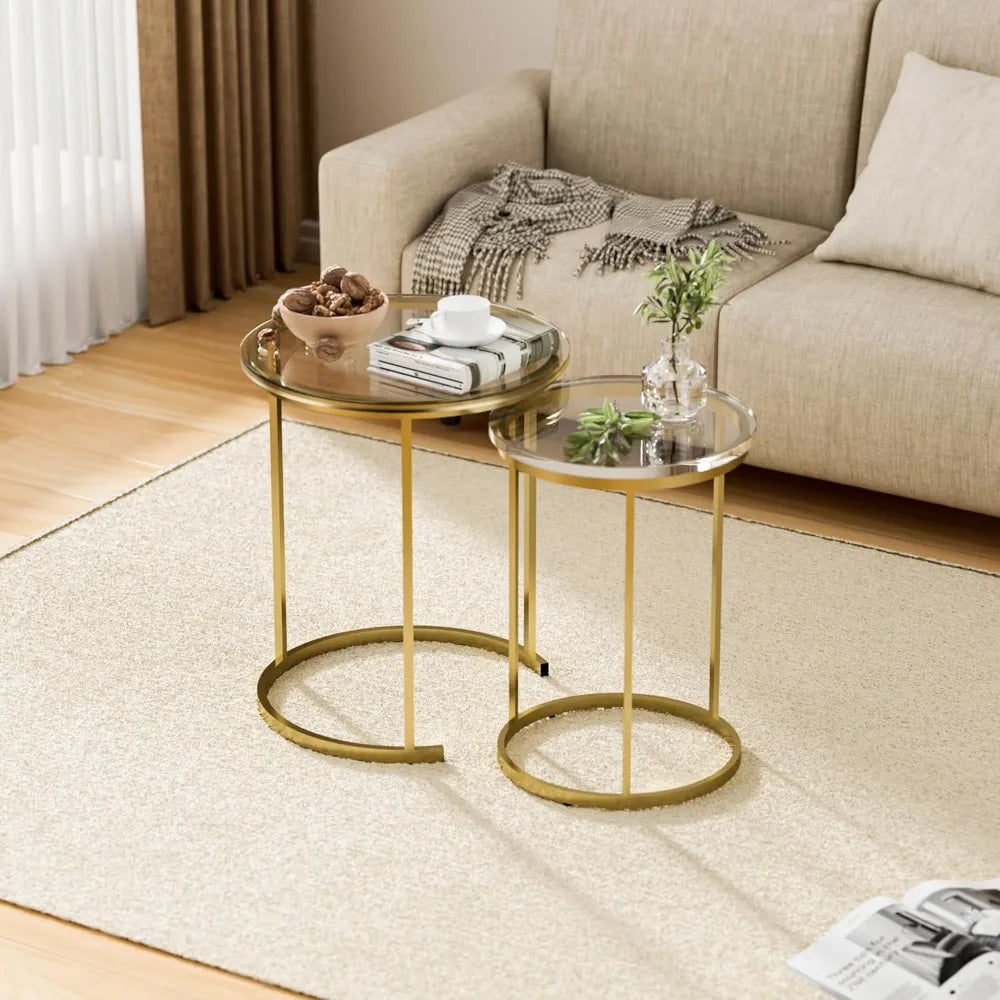 Coffee Stacking Side Tables With Golden Metal Frame