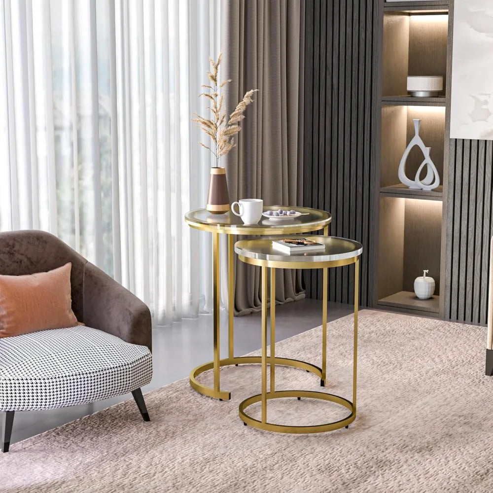 Coffee Stacking Side Tables With Golden Metal Frame