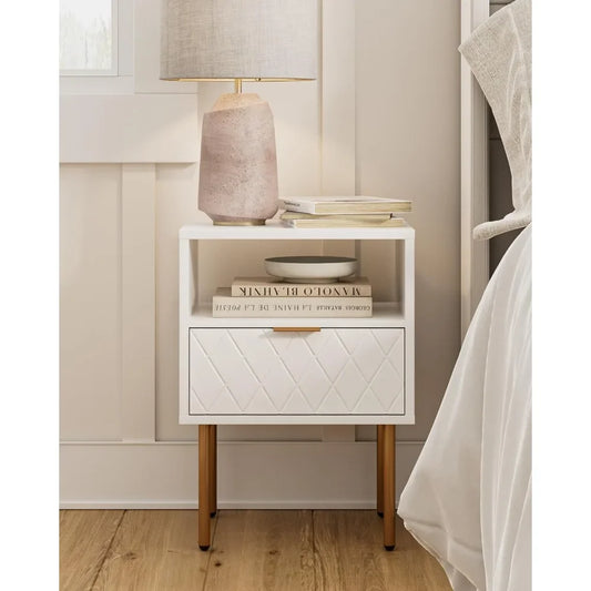 Bedside Table with Gold Frame,White Night Stand