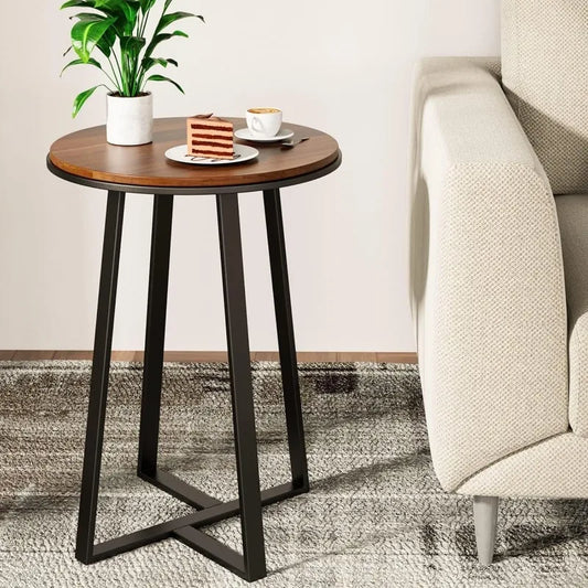 Round Small End Table Walnut Color, Metal Frame Black, Tall End Table for Bed Room, Coffee Tea End Table