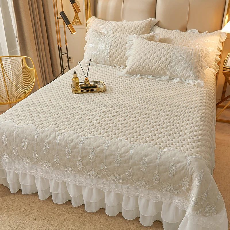 Solid Color Thicked Quilted lace Bed Skirt European Style 245x250cm Coverlet Bed Cover Bed Linen Solid Color King Queen Size