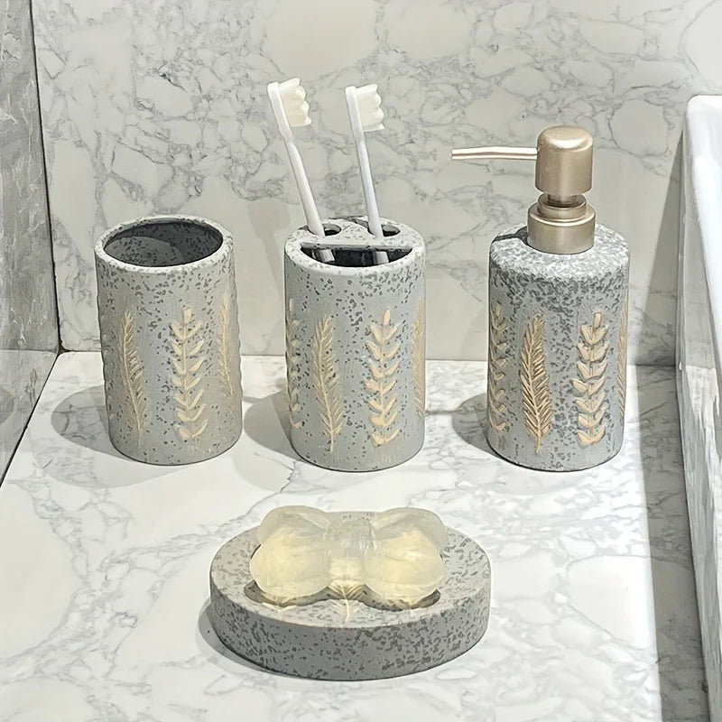 Ceramic Bathroom Accessories Set - Includes Soap Dish, Mouthwash Cup, Toothbrush Holder, And Lotion Dispenser - Bathroom Supplie