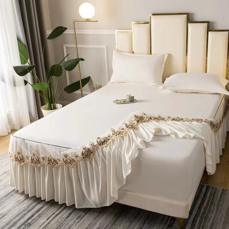 3pcs Set Raw Cotton Soft Bedspread. Cover Embroidery Lace Edge Bed Skirt with 2pcs Pillowcase