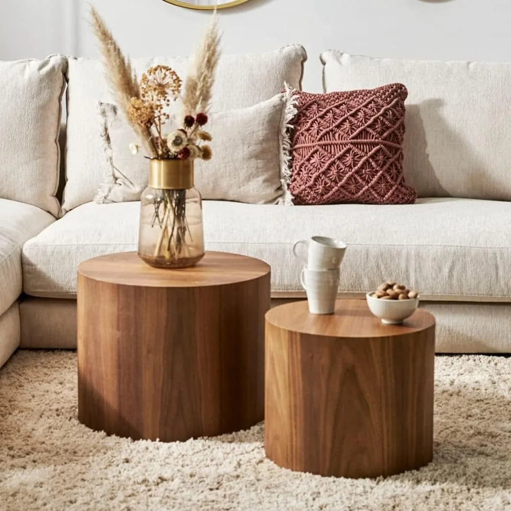 Walnut Round Wooden Nesting Coffee Table Set of 2.