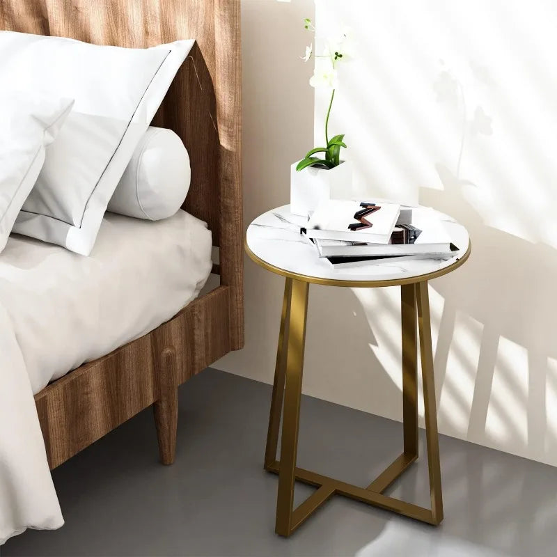 Round Small End Table Walnut Color, Metal Frame Black, Tall End Table for Bed Room, Coffee Tea End Table