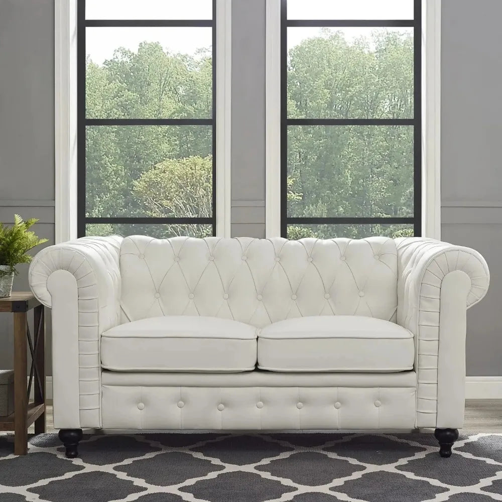 Modern Chesterfield Tufted Leather for Living Room (3 Piece Sofa Set, White)