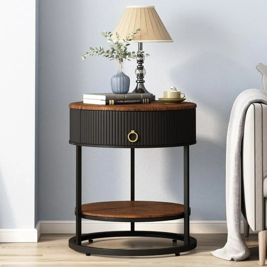 Round End Table with Drawer, Modern Wood Grain Side Table with Shelves