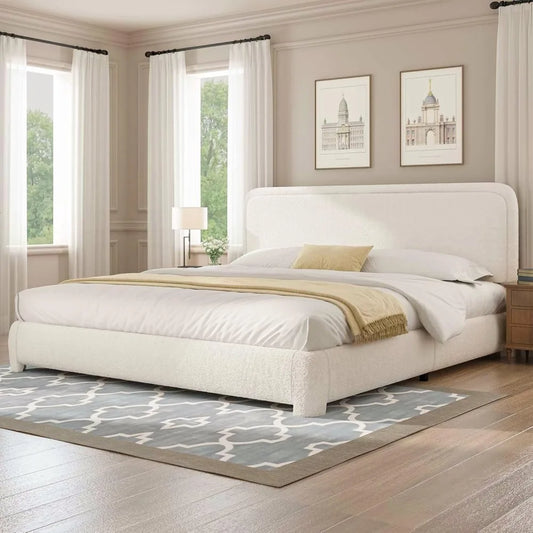 King Bed Frame and Headboard, Upholstered Platform, Modern Style, Soft Rounded Corners,