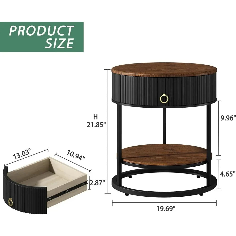 Round End Table with Drawer, Modern Wood Grain Side Table with Shelves