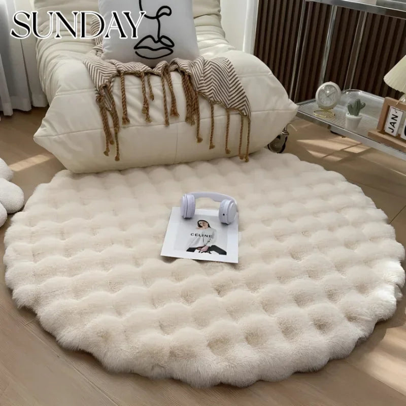 Luxury Faux Rabbit Fur Circular Bedside Carpets for Bedroom