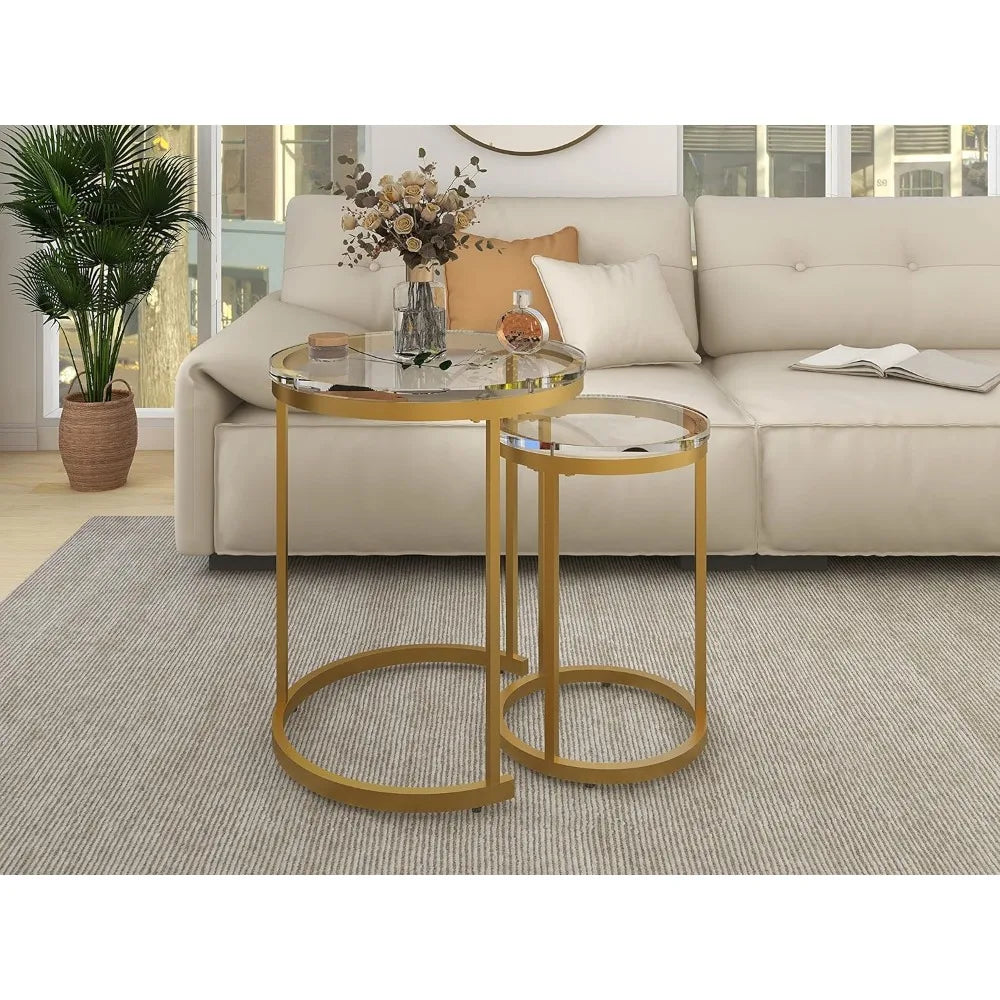 Coffee Stacking Side Tables With Golden Metal Frame