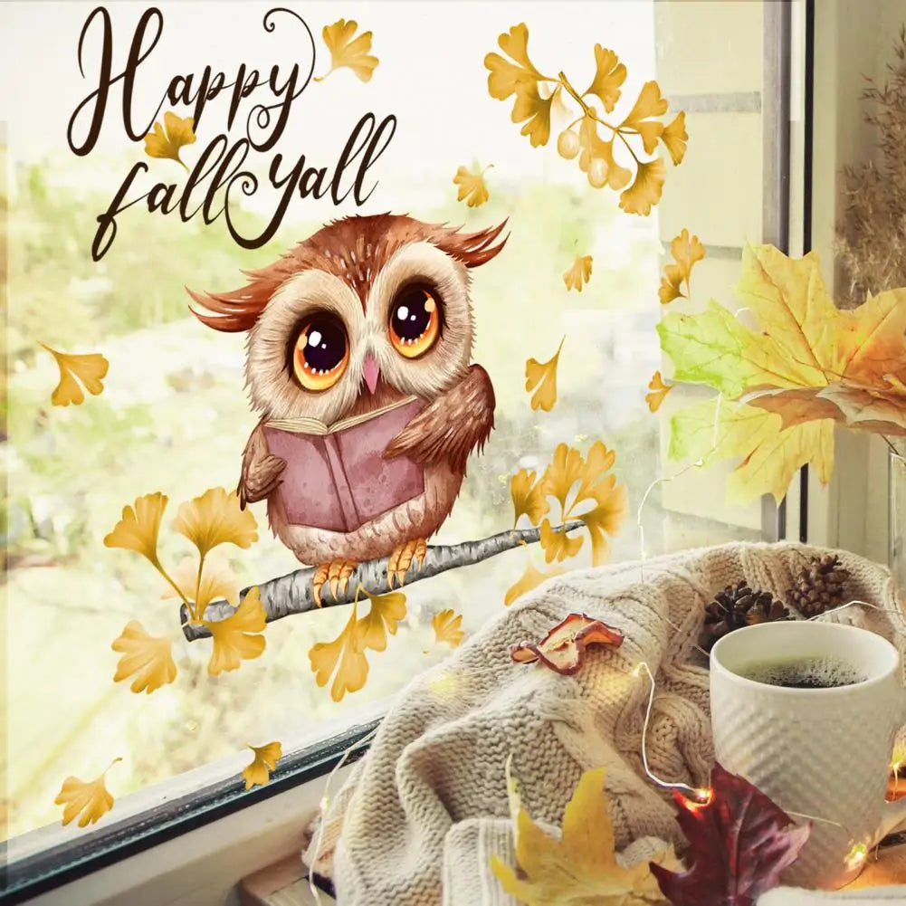 Seasonal Fall Party Decoration - Autumn-inspired Happy Fall Owl Window Sticker