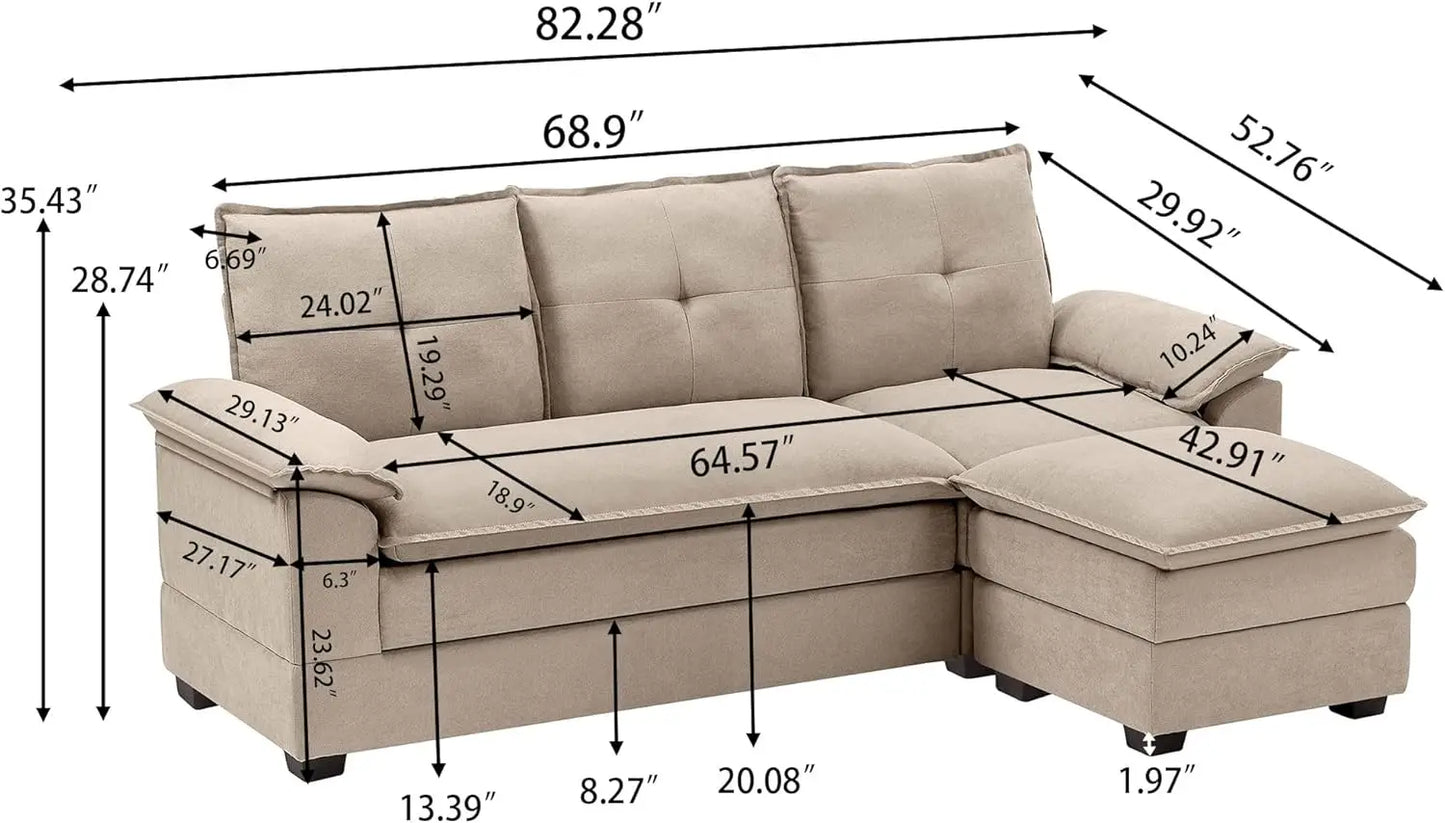 Convertible Sectional Sofa, 82" L-Shaped Couch, Double Layer Comfy Cloud Couch with Reversible Ottoman and Padded Armrest