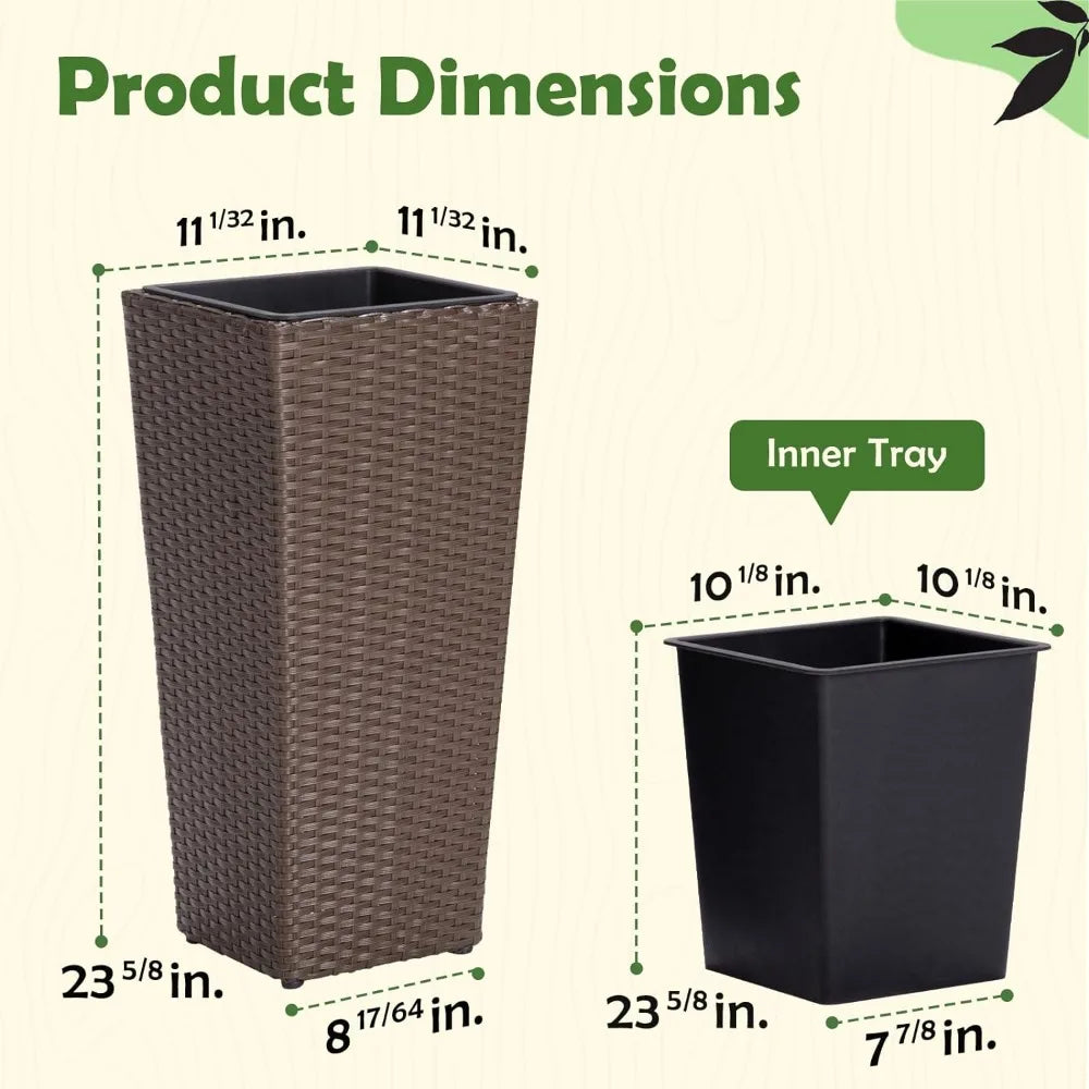 All Weather Wicker Planters for Outdoor Plants Set of 2, 24 inch Tall Planter for Front Porch, Patio, Balcony