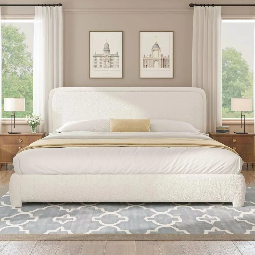 King Bed Frame and Headboard, Upholstered Platform, Modern Style, Soft Rounded Corners,