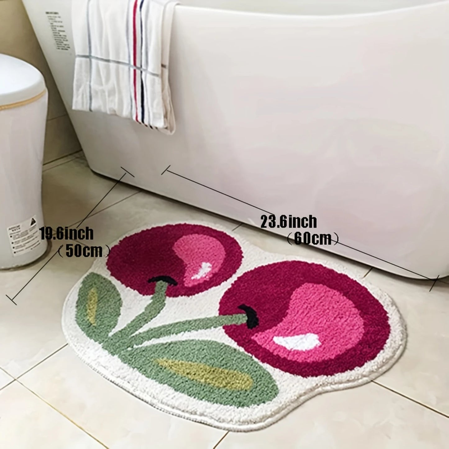 Cherry Shaped Fluffy Velvet Bath Mat, Non-Slip, Machine Washable, Cute Bathroom Door Rug, Shower Foot Pad - 19.6x23.6 Mat