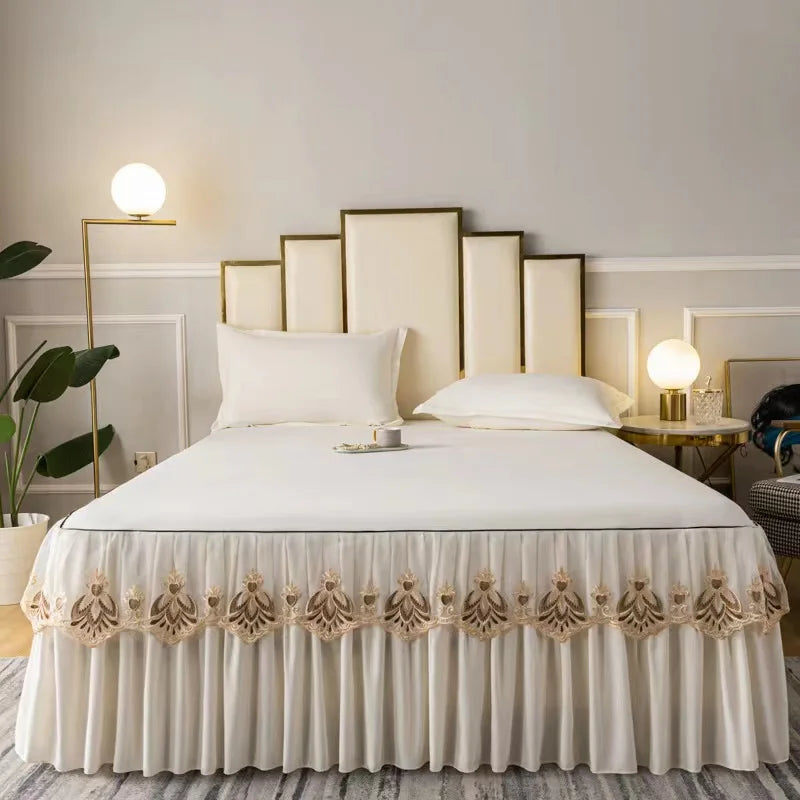 3pcs Set Raw Cotton Soft Bedspread. Cover Embroidery Lace Edge Bed Skirt with 2pcs Pillowcase