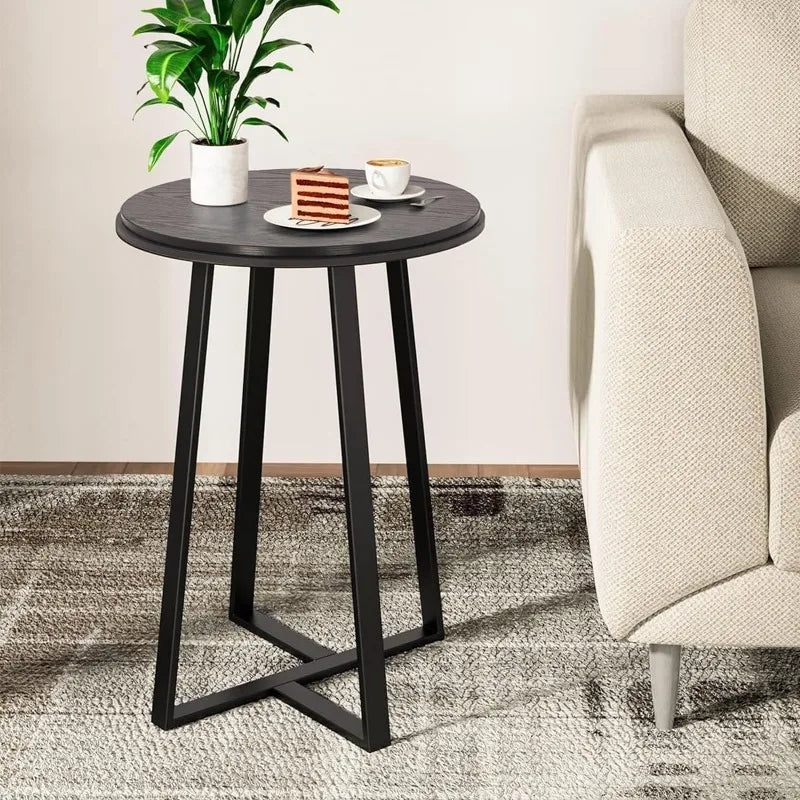 Round Small End Table Walnut Color, Metal Frame Black, Tall End Table for Bed Room, Coffee Tea End Table