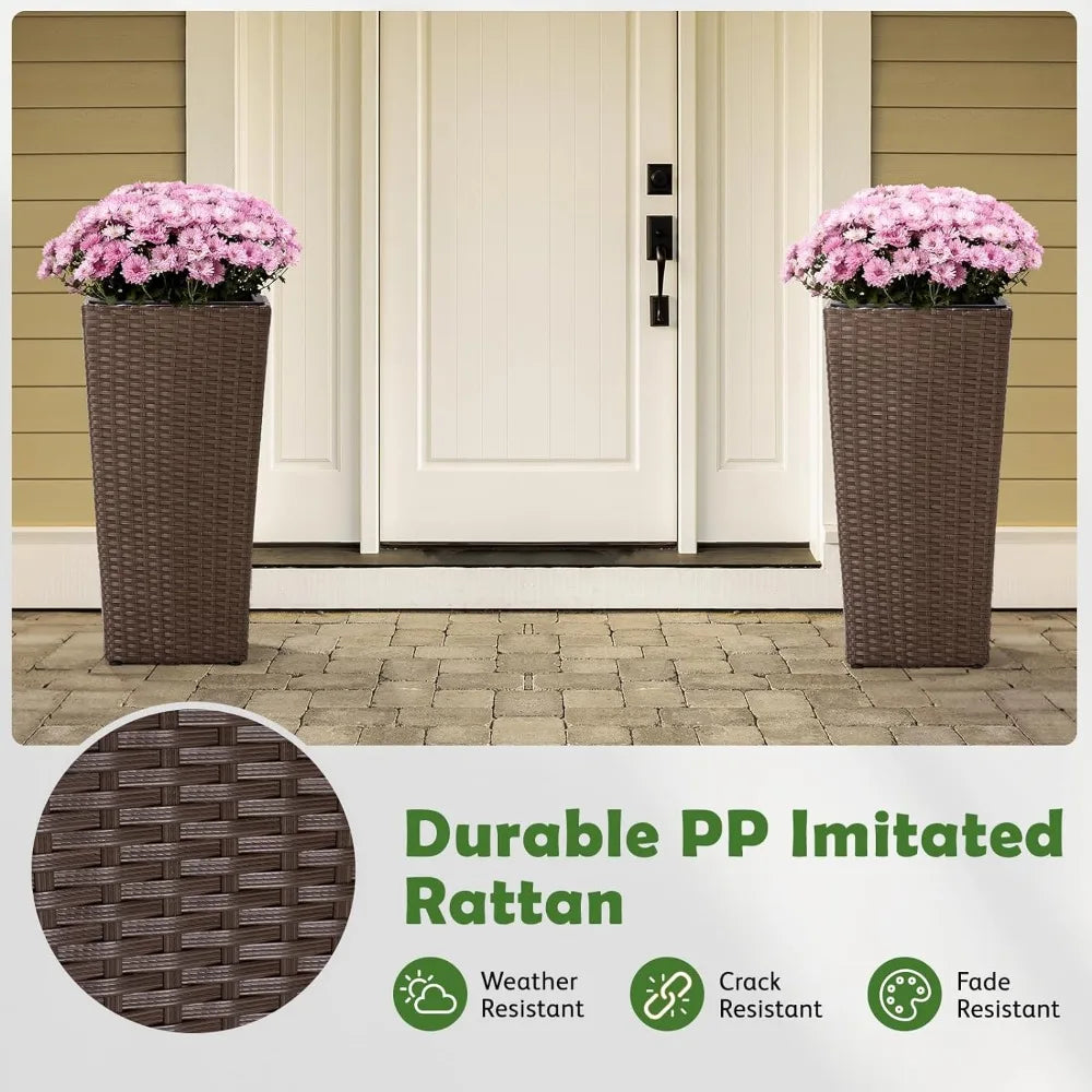 All Weather Wicker Planters for Outdoor Plants Set of 2, 24 inch Tall Planter for Front Porch, Patio, Balcony