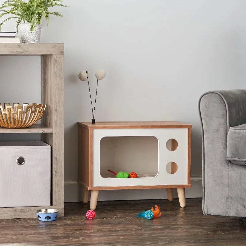 Retro TV Cat bed with Scratching Pad & Washable Mat