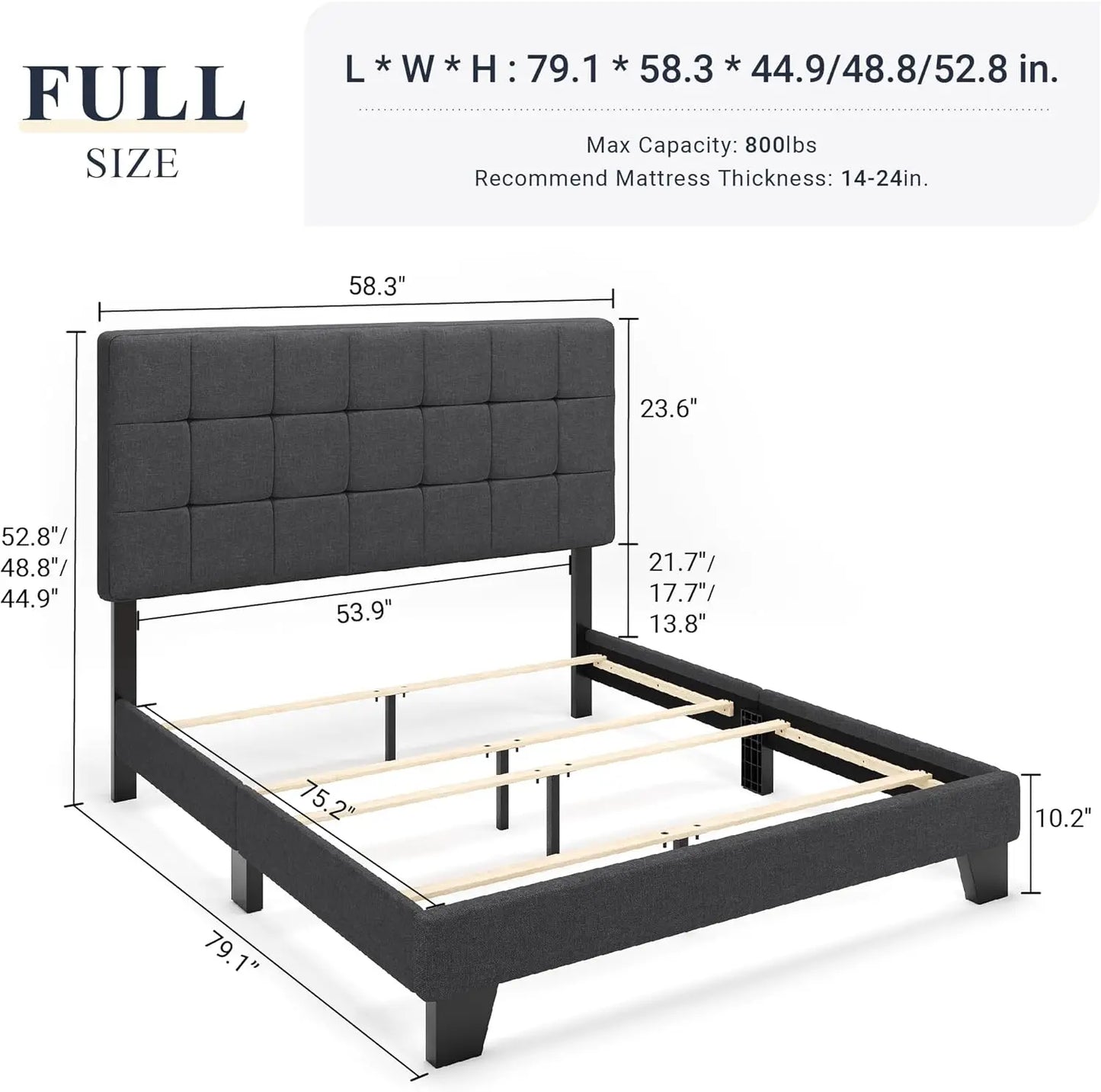 Full Size Panel Bed Frame with Adjustable Headboard for High Profile