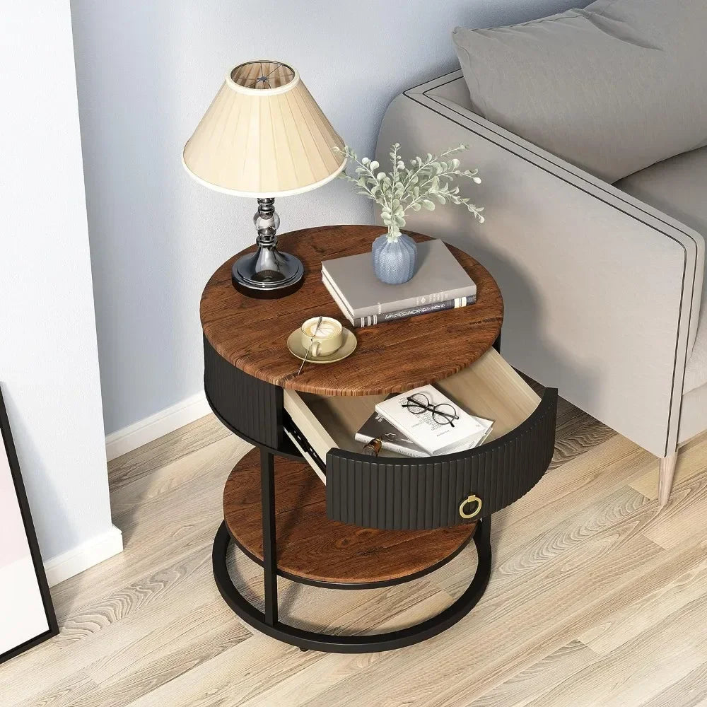 Round End Table with Drawer, Modern Wood Grain Side Table with Shelves