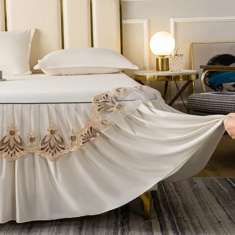 3pcs Set Raw Cotton Soft Bedspread. Cover Embroidery Lace Edge Bed Skirt with 2pcs Pillowcase