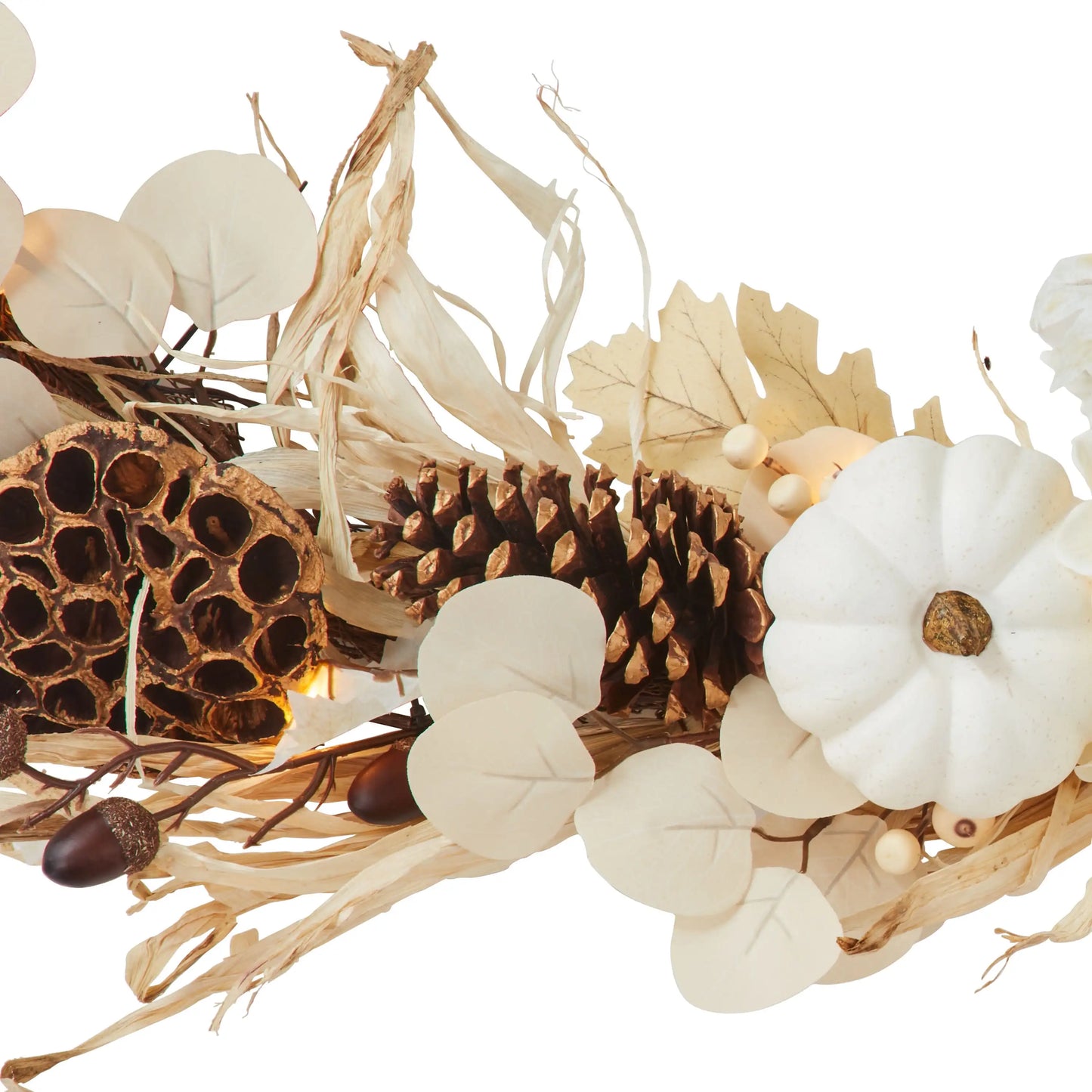 9ft Pre-Lit Fall Garland, White Floral and Leaf Mix, for Fall Decoration