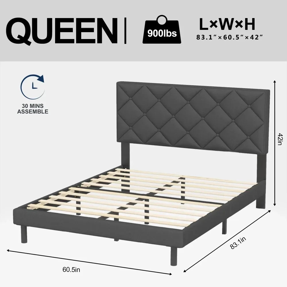 Queen Size bed Frame with Fabric Upholstered Headboard, Dark Grey, Easy Assembly