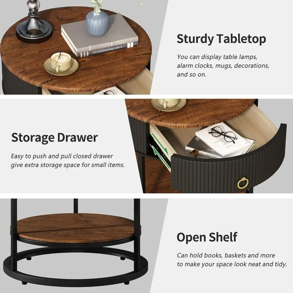 Round End Table with Drawer, Modern Wood Grain Side Table with Shelves