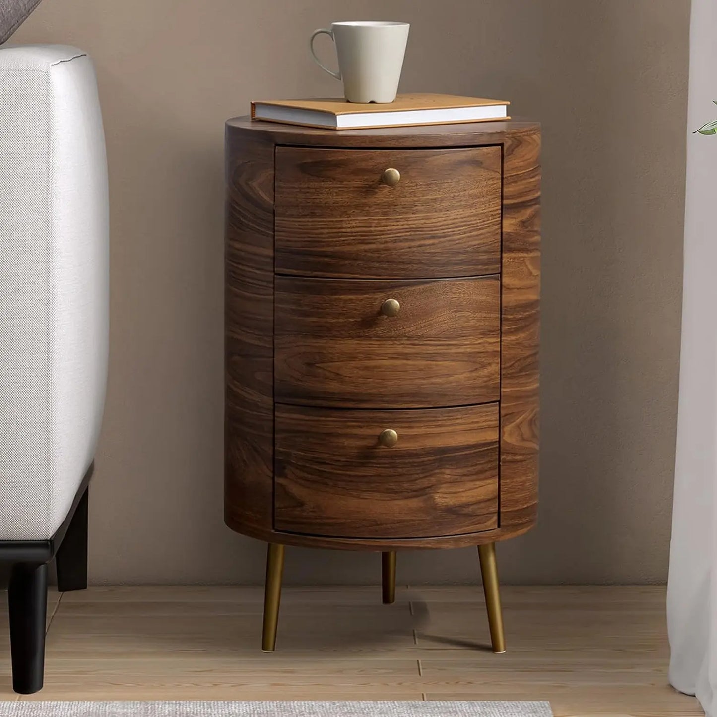 Round End Table with 3 Storage Drawers, Mid Century Modern Small Side Table with Metal Legs