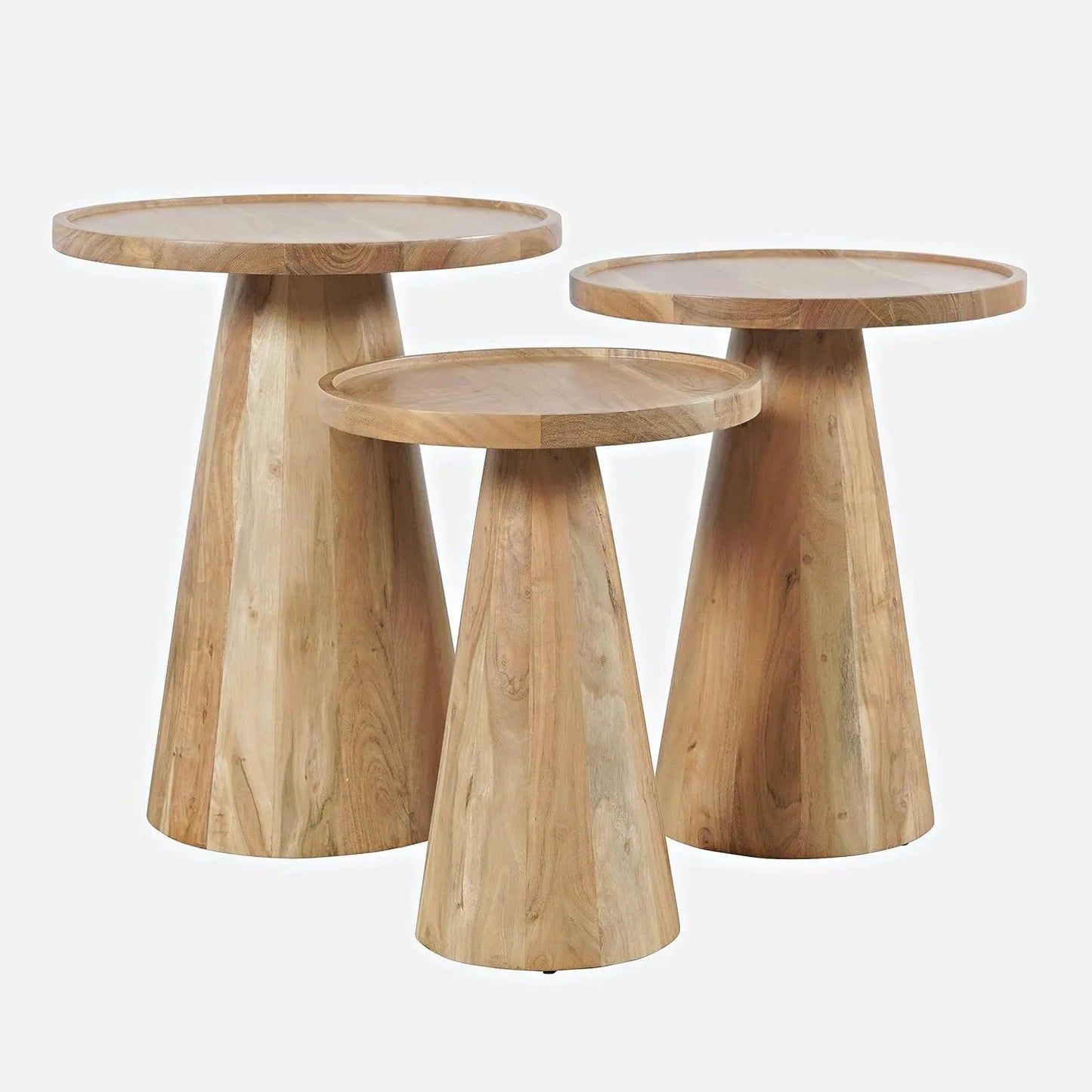 Mid-Century Modern Solid Hardwood Pedestal Round Accent End Nesting Tables - Set of 3, Natural