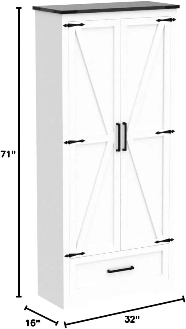 Tall Farmhouse Kitchen Pantry with Adjustable Shelves and with 2 Barn Doors & Drawer Versatile