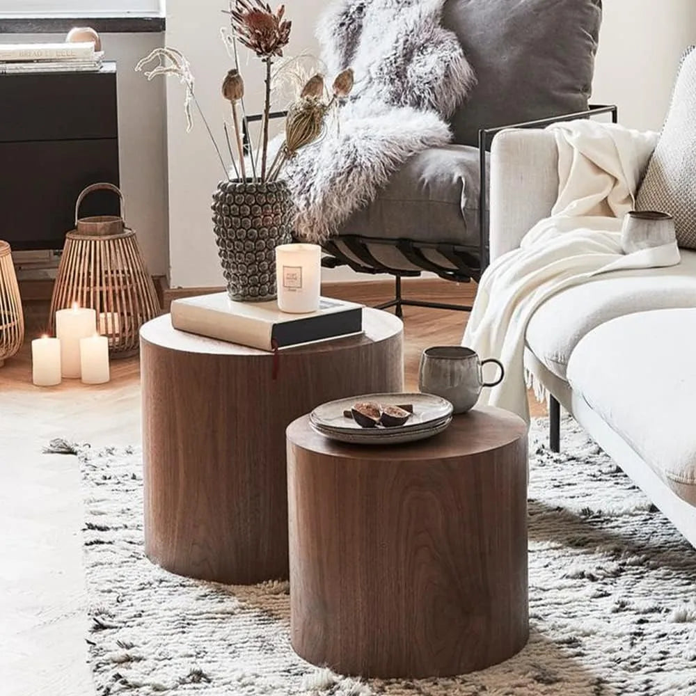 Walnut Round Wooden Nesting Coffee Table Set of 2.