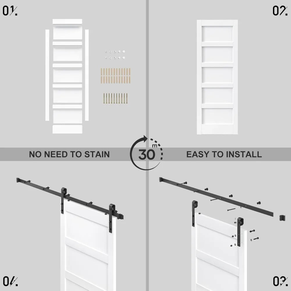 ROYMELO 30x84 Inch White Sliding Barn Door Slab with 5.5ft Hardware Kit Included, 5-Panel