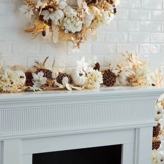 9ft Pre-Lit Fall Garland, White Floral and Leaf Mix, for Fall Decoration