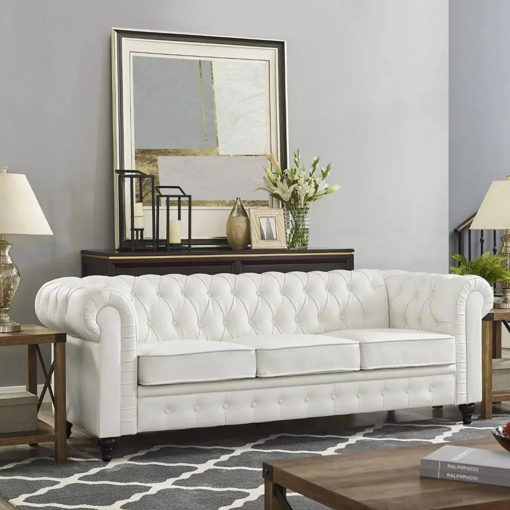 Modern Chesterfield Tufted Leather for Living Room (3 Piece Sofa Set, White)