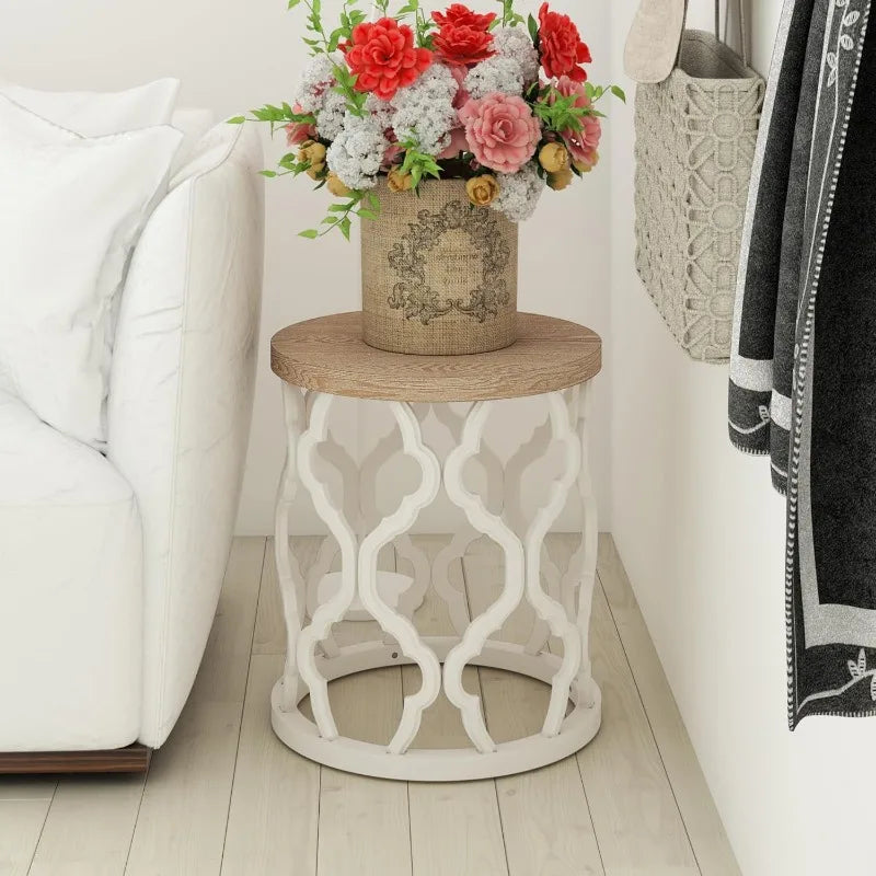 Rustic Farmhouse End Table, Distressed Wood Top Side Table with Curved Motif Frame Base