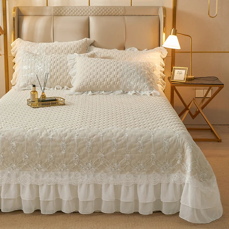 Solid Color Thicked Quilted lace Bed Skirt European Style 245x250cm Coverlet Bed Cover Bed Linen Solid Color King Queen Size