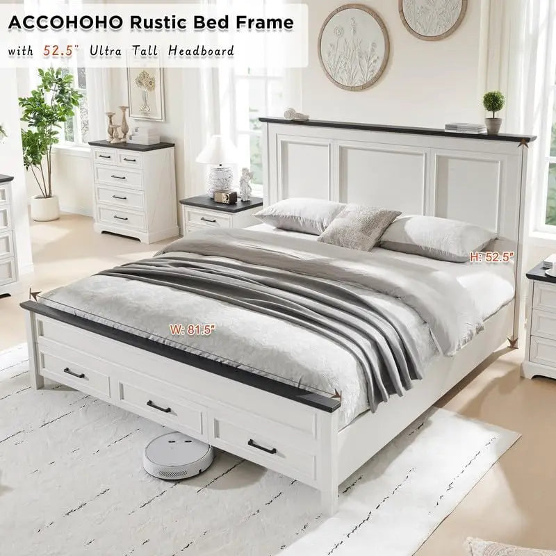 Farmhouse Queen Size Bed Frame with 52" Tall Full-Panel Headboard, Wood Platform Bedframe with Footboard and Storage Drawers