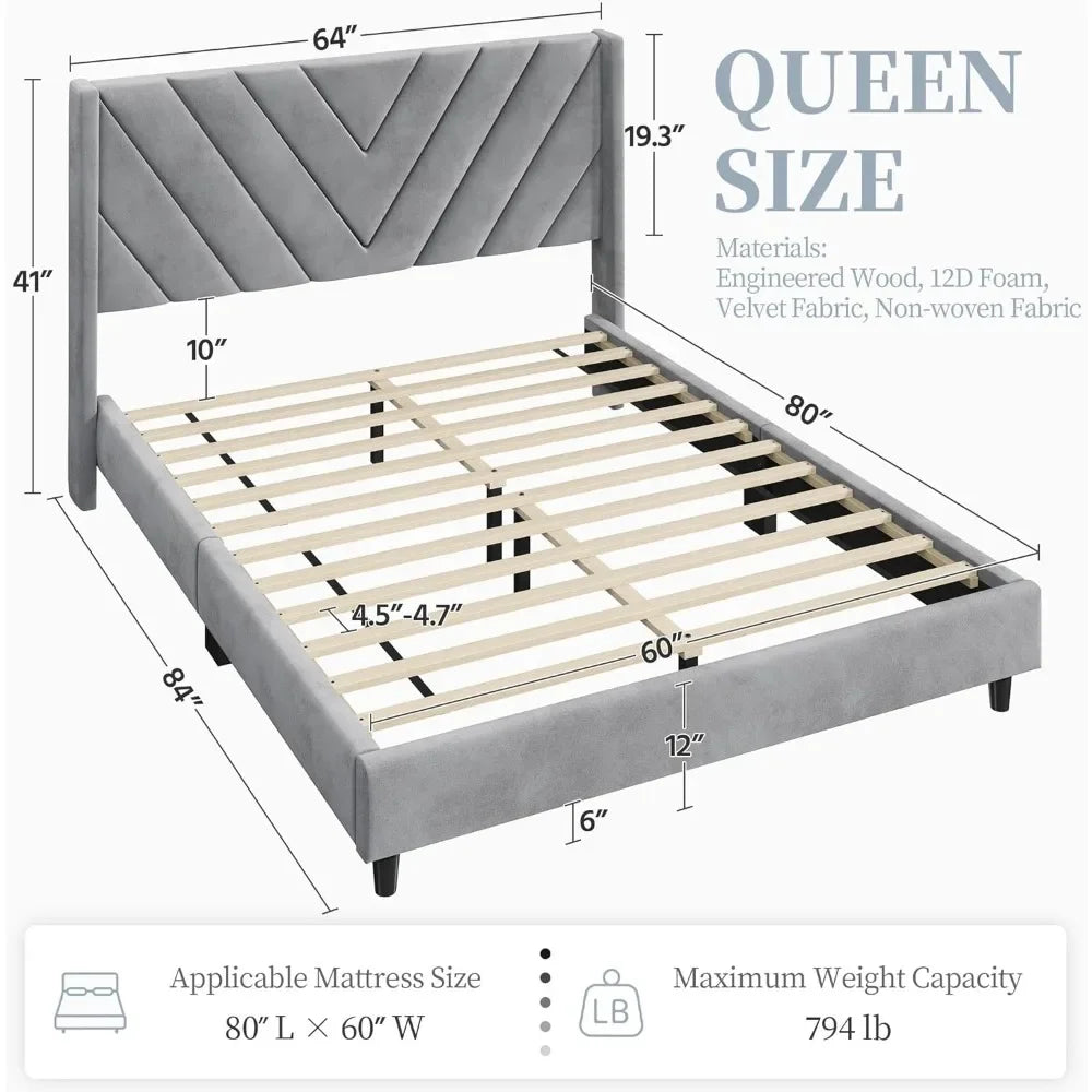 Bed Frame Upholstered Platform with Wing Side/Tufted Headboard. No Box Spring Needed,